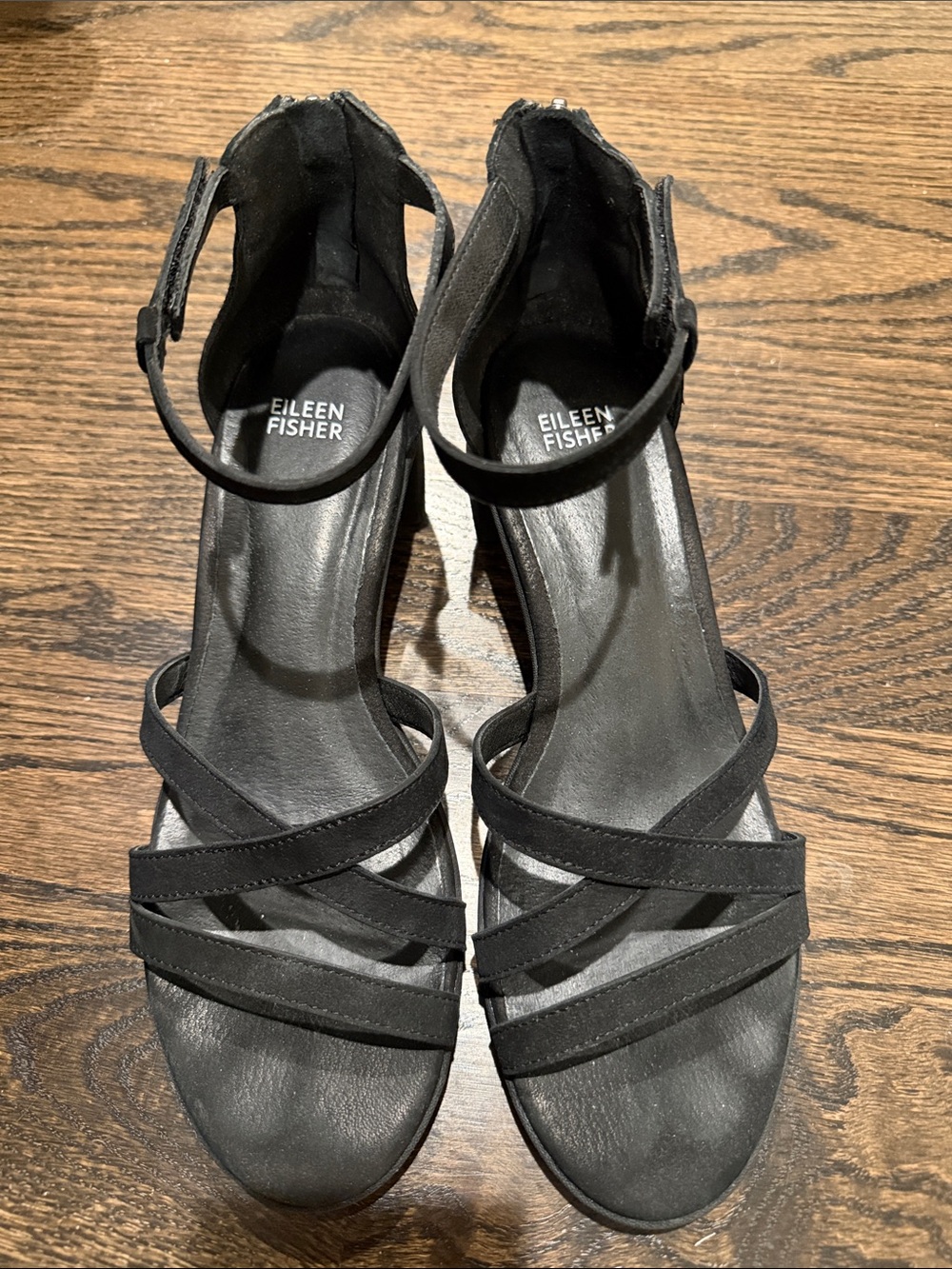 Eileen Fisher Black Strappy Ankle-Zip Sandals